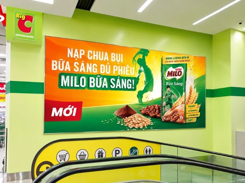 Thiết kế pano quảng cáo Milo trong khu vực kết nối giữa các tầng Big C. - Dịch Vụ Thiết Kế, Thi Công Pano Quảng Cáo TTTM Big C Uy Tín - Rẻ Thiết kế pano quảng cáo Milo trong khu vực kết nối giữa các tầng Big C.