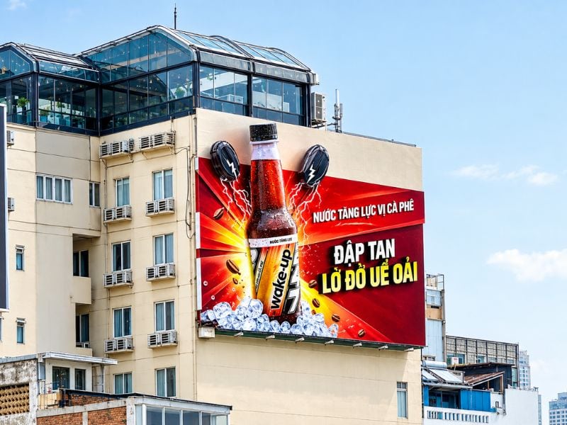 Biển quảng cáo 3D ngoài trời ốp tường của thương hiệu nước tăng lực vị cà phê Wake-up 247 - Biển Quảng Cáo OOH 3D: Ưu Điểm, Chi Phí & Top Mẫu Đẹp Biển quảng cáo 3D ngoài trời ốp tường của thương hiệu nước tăng lực vị cà phê Wake-up 247