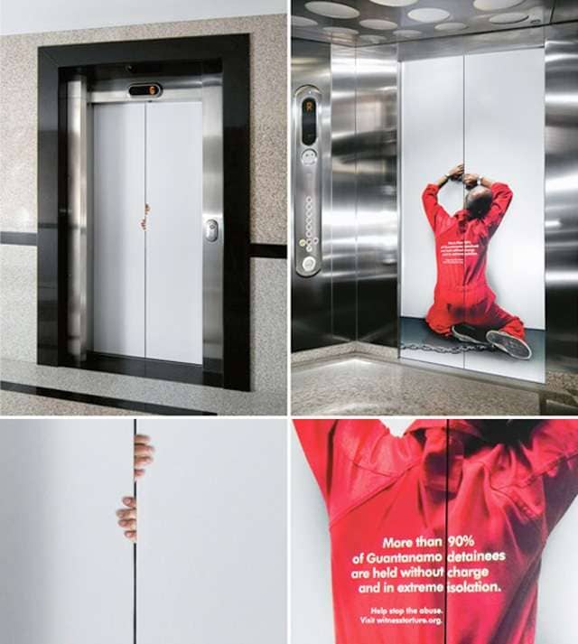 Chiến dịch Witness Against Torture quảng cáo trên thang máy