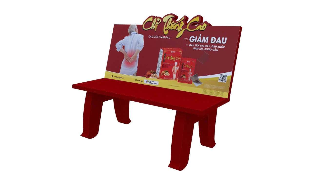 Thiết kế quảng cáo Ích Phế Khang màu đỏ tại ghế chờ. 