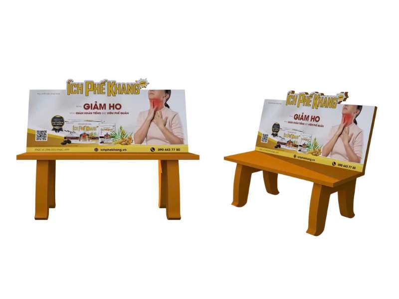 Thiết kế quảng cáo Ích Phế Khang màu trắng tại ghế chờ. 