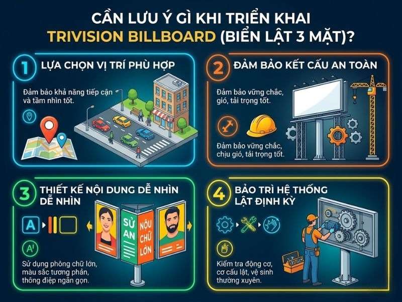 Cần lưu ý gì khi triển khai trivision billboard (biển lật 3 mặt)? - Trivision Billboard (Biển Lật 3 Mặt): Đặc Điểm, Cách Lắp Đặt, Lưu Ý Triển Khai Và Top Mẫu Cần lưu ý gì khi triển khai trivision billboard (biển lật 3 mặt)?
