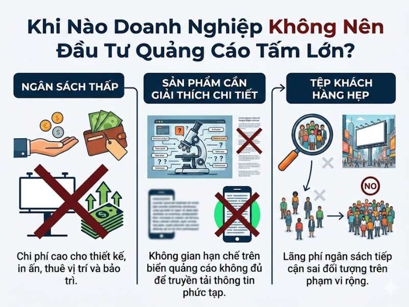 Khi nào doanh nghiệp không nên đầu tư quảng cáo tấm lớn? - Quảng Cáo Tấm Lớn: Đặc Điểm, Hình Thức & Lưu Ý Triển Khai Khi nào doanh nghiệp không nên đầu tư quảng cáo tấm lớn?