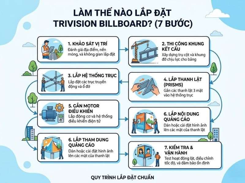Làm thế nào lắp đặt trivision billboard (biển lật 3 mặt)? - Trivision Billboard (Biển Lật 3 Mặt): Đặc Điểm, Cách Lắp Đặt, Lưu Ý Triển Khai Và Top Mẫu Làm thế nào lắp đặt trivision billboard (biển lật 3 mặt)?