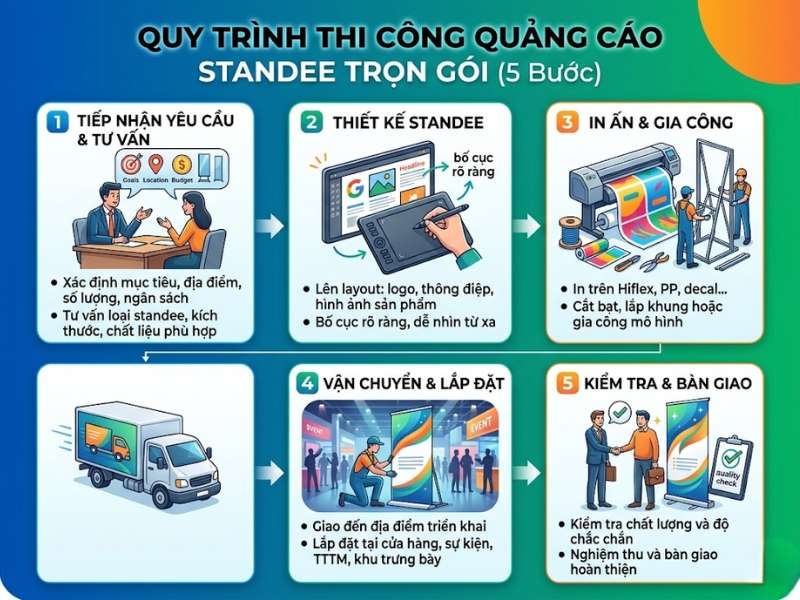 Quy trình thi công quảng cáo standee trọn gói diễn ra như thế nào?