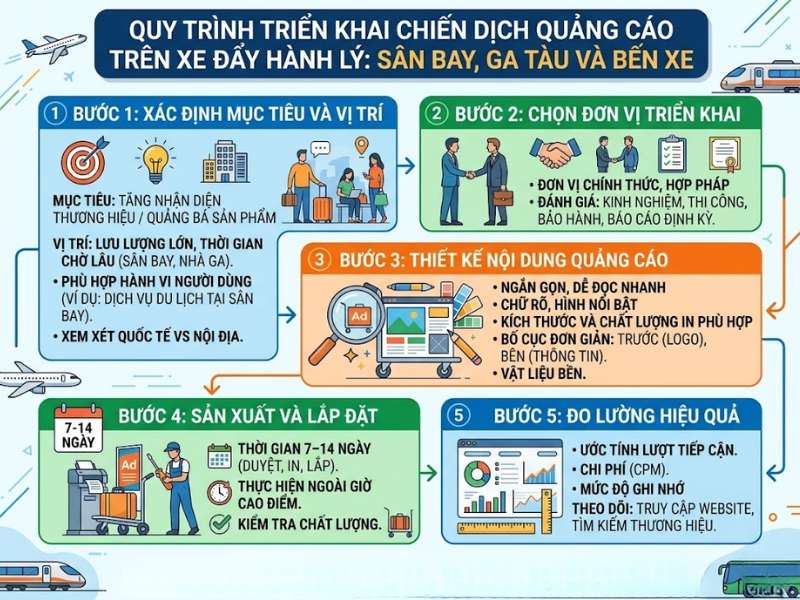 Quy trình triển khai chiến dịch quảng cáo trên xe đẩy hành lý như thế nào?