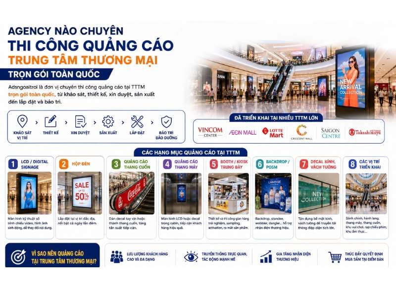 Agency nào chuyên thi công quảng cáo trung tâm thương mại trọn gói toàn quốc?