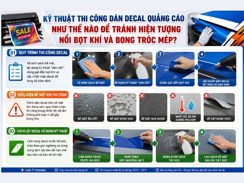 Kỹ thuật thi công dán decal quảng cáo như thế nào để tránh hiện tượng nổi bọt khí và bong tróc mép?