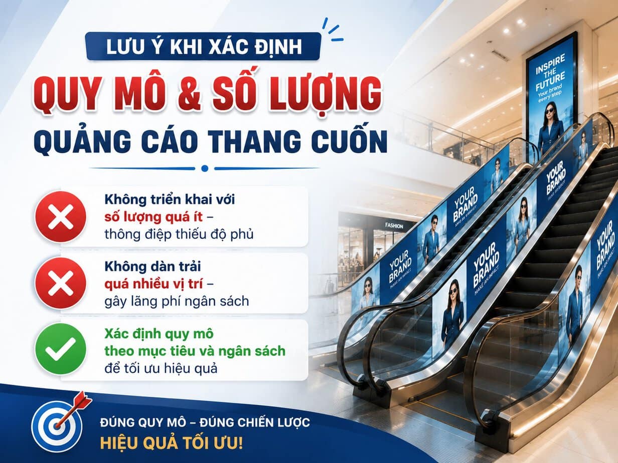 Luu ý khi chọn quy mô số lượng quảng cáo thang cuốn