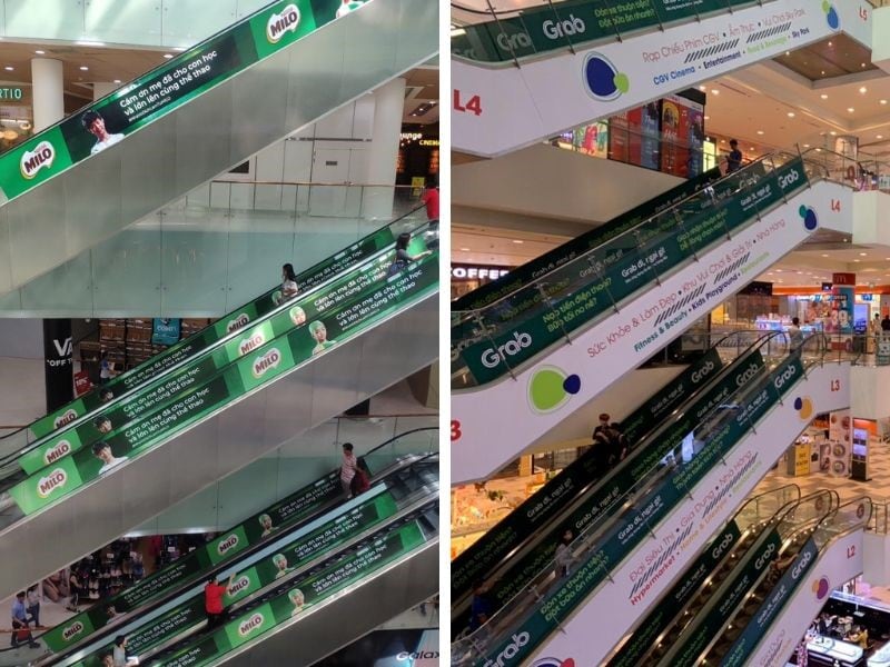 Hỉnh ảnh auảng cáo thang cuốn thương hiệu Milo và Grab.