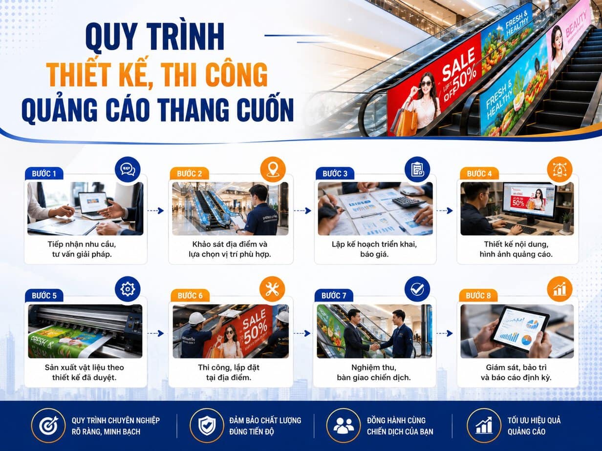 Quy trình thiết kế, thi công quảng cáo thang cuốn ở TTTM, tòa nhà, siêu thị