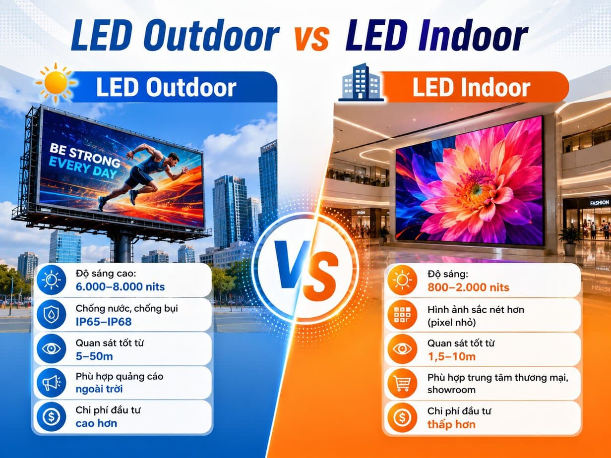 So sánh quảng cáo led trong nhà và led ngoài trời