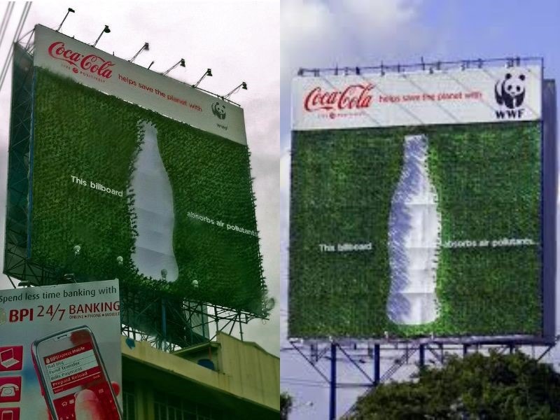 Biển quảng cáo phủ thảm thực vật Coca-Cola x WWF giúp hấp thụ bụi mịn và cải thiện chất lượng không khí.