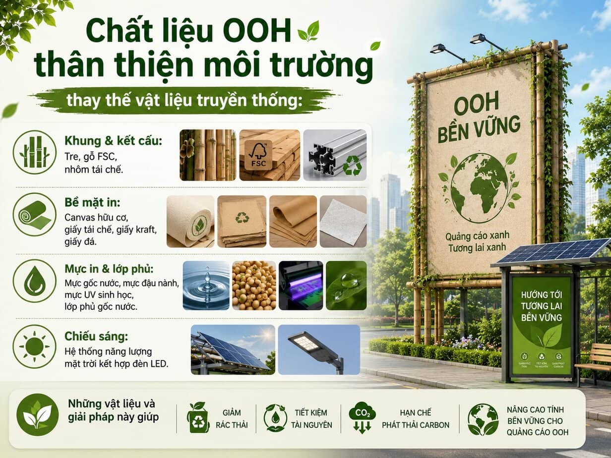 Các chất liệu được sử dụng khi triển khai OOH bền vững.