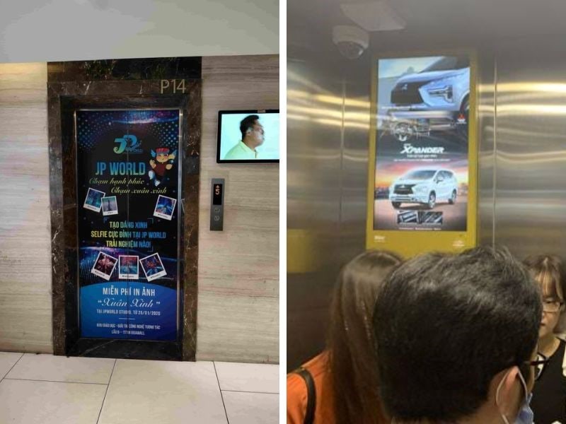 Quảng cáo màn hình LCD trong sảnh chờ và bên trong cabin thang máy, giúp thương hiệu tiếp cận khách hàng trong thời gian chờ di chuyển. 